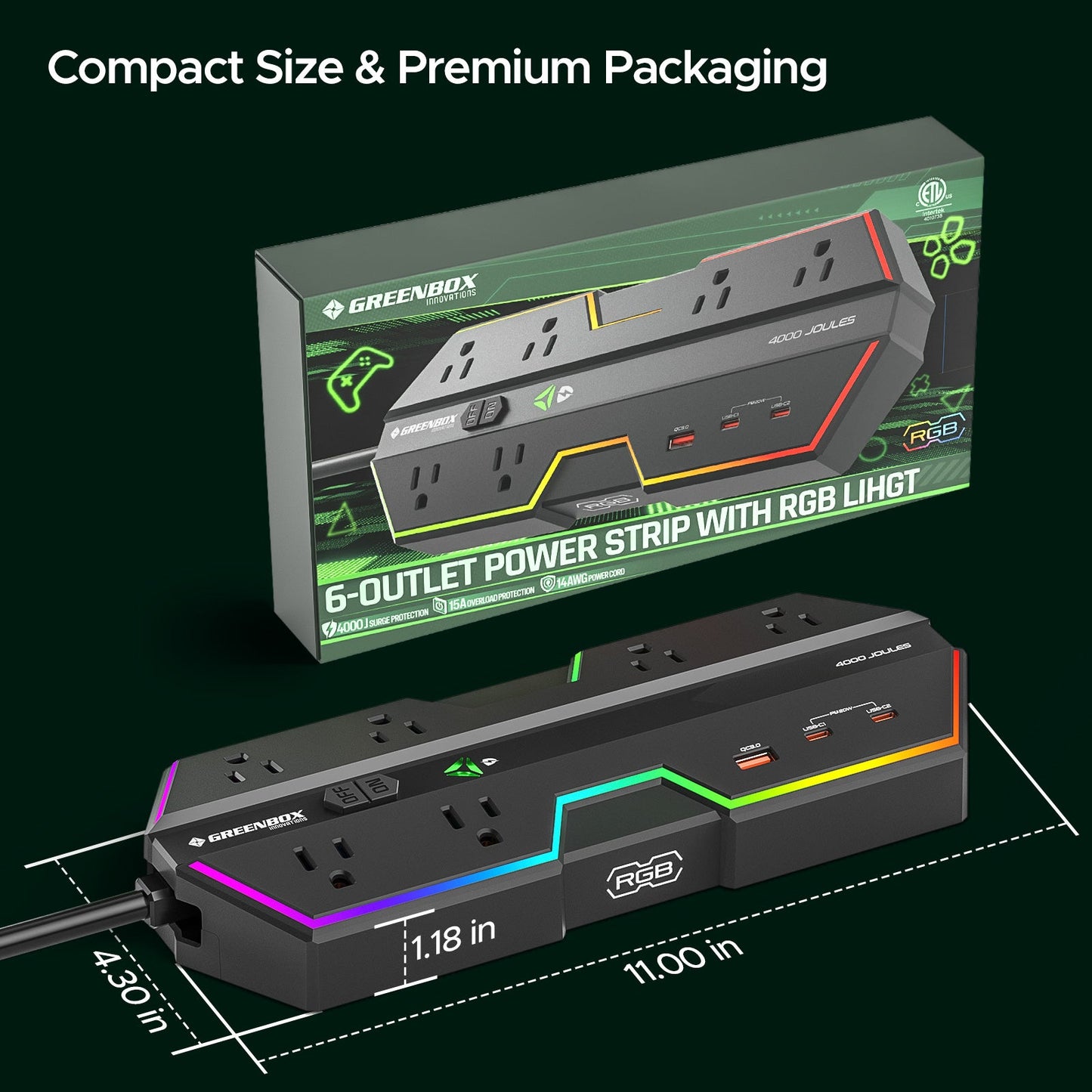 Regleta de alimentación gaming de 4000 J con protección contra sobretensiones - Carga rápida USB-C PD de 20 W, 6 tomas de corriente espaciadas, iluminación RGB, cable de 1,8 m