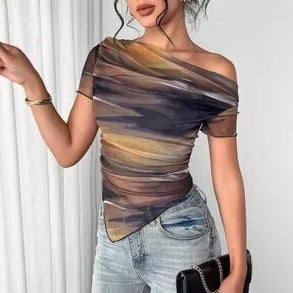 Top de malla fruncido con un solo hombro y efecto tie-dye para mujer: camiseta elástica asimétrica para salir