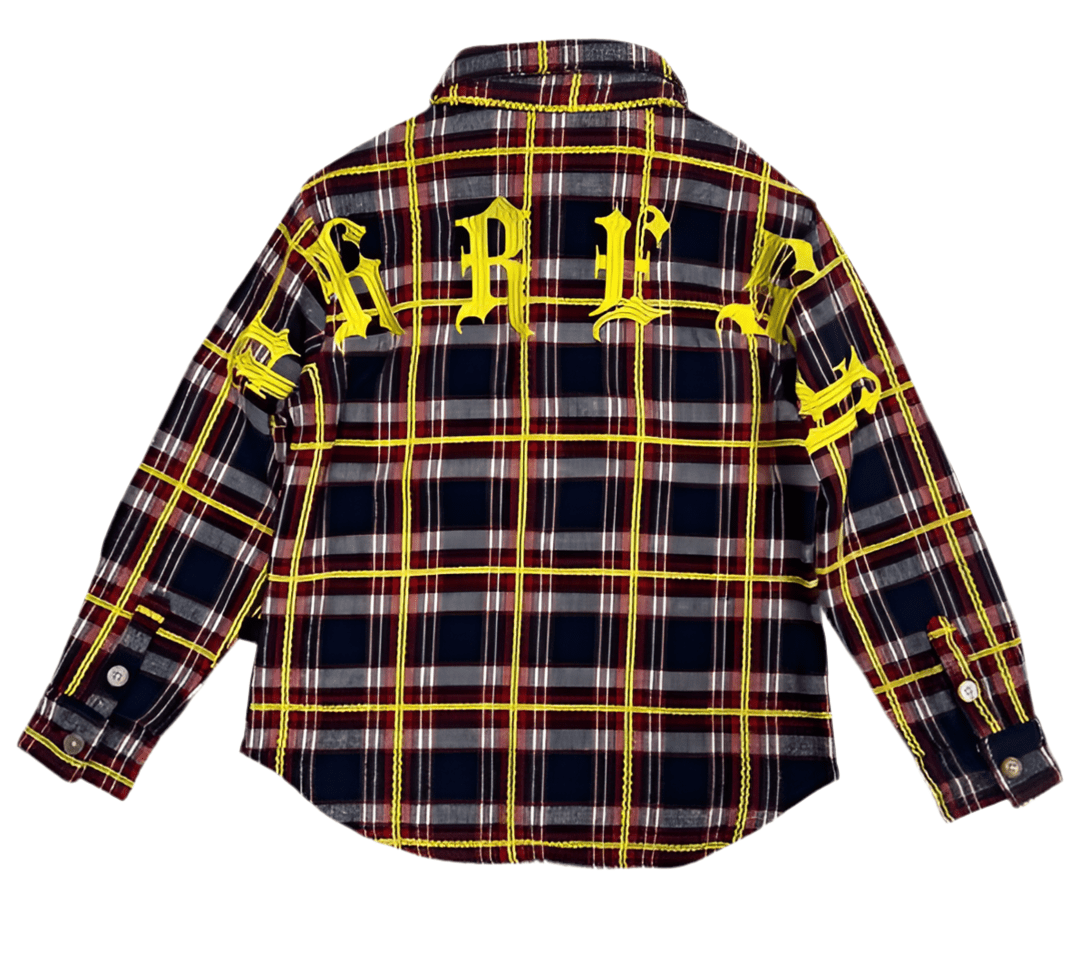 Camisa de franela premium de peso medio para niños NOVA con bordados intensos, parches y estampados.