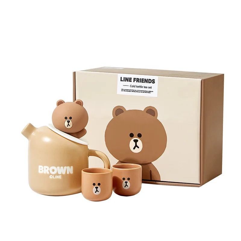 Tetera y tazas de oso de peluche de cerámica