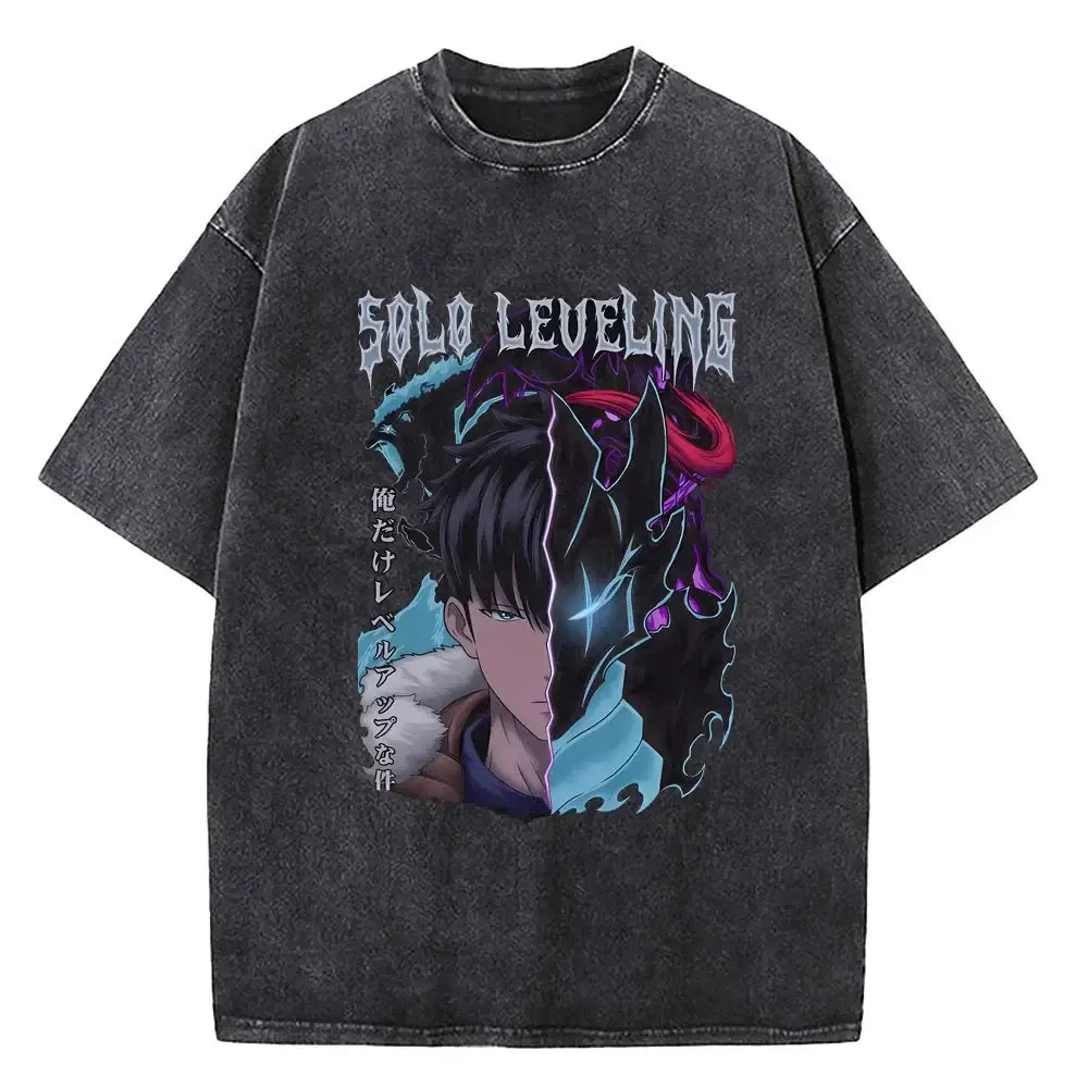 Camiseta vintage Solo Leveling: ropa urbana de algodón lavado