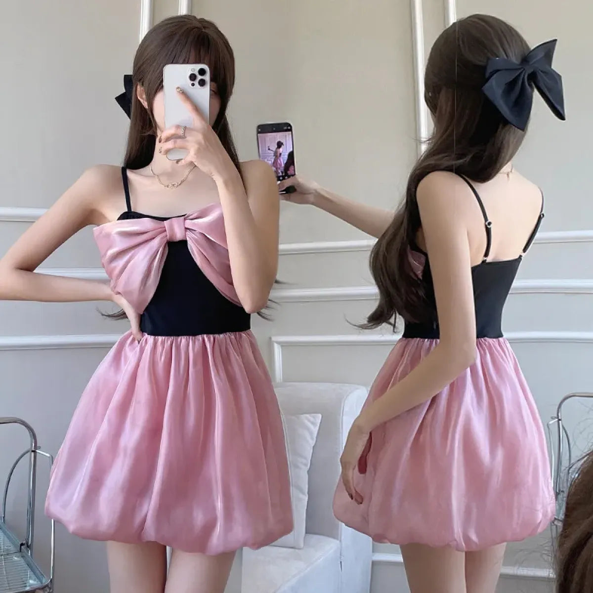 Traje de baño coreano de retazos con lazo – Bañador dulce de una pieza con relleno