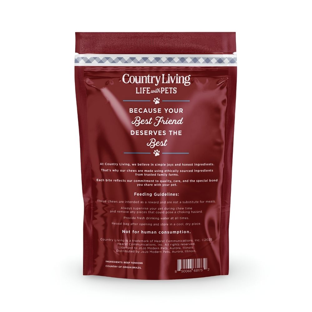 Masticables Country Living de tendón de lomo de res para perros de 4”-7” (bolsa de 5 unidades) - Premios naturales, duraderos y ricos en proteínas - Un solo ingrediente, sin cereales