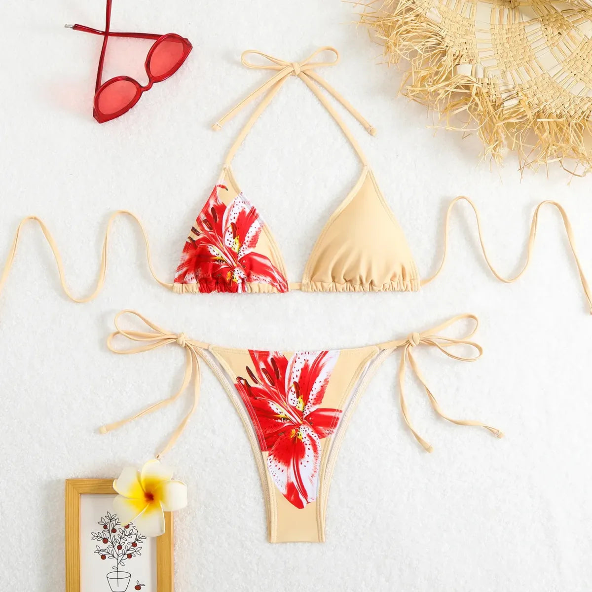 Conjunto de bikini con cuello halter – Traje de baño con estampado floral vintage y tirantes
