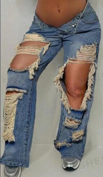 Pantalones vaqueros de pierna recta con corte desgastado, deshilachados y bolsillos inclinados estilo vintage de calle, cómodos e informales.