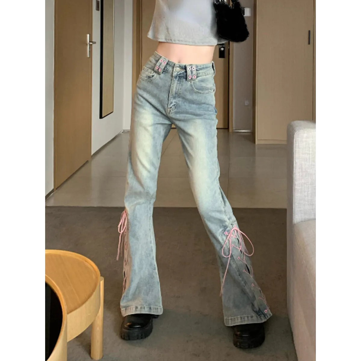 Vaqueros Acampanados Vintage Harajuku de Encaje Denim