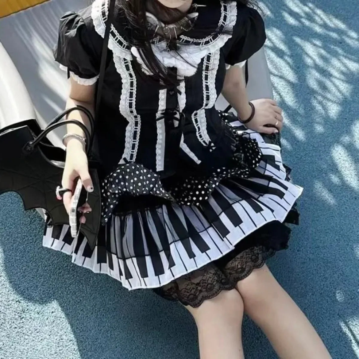 Falda de Pastel con Estampado de Piano – Estilo Harajuku Punk con Ribete de Encaje Y2K
