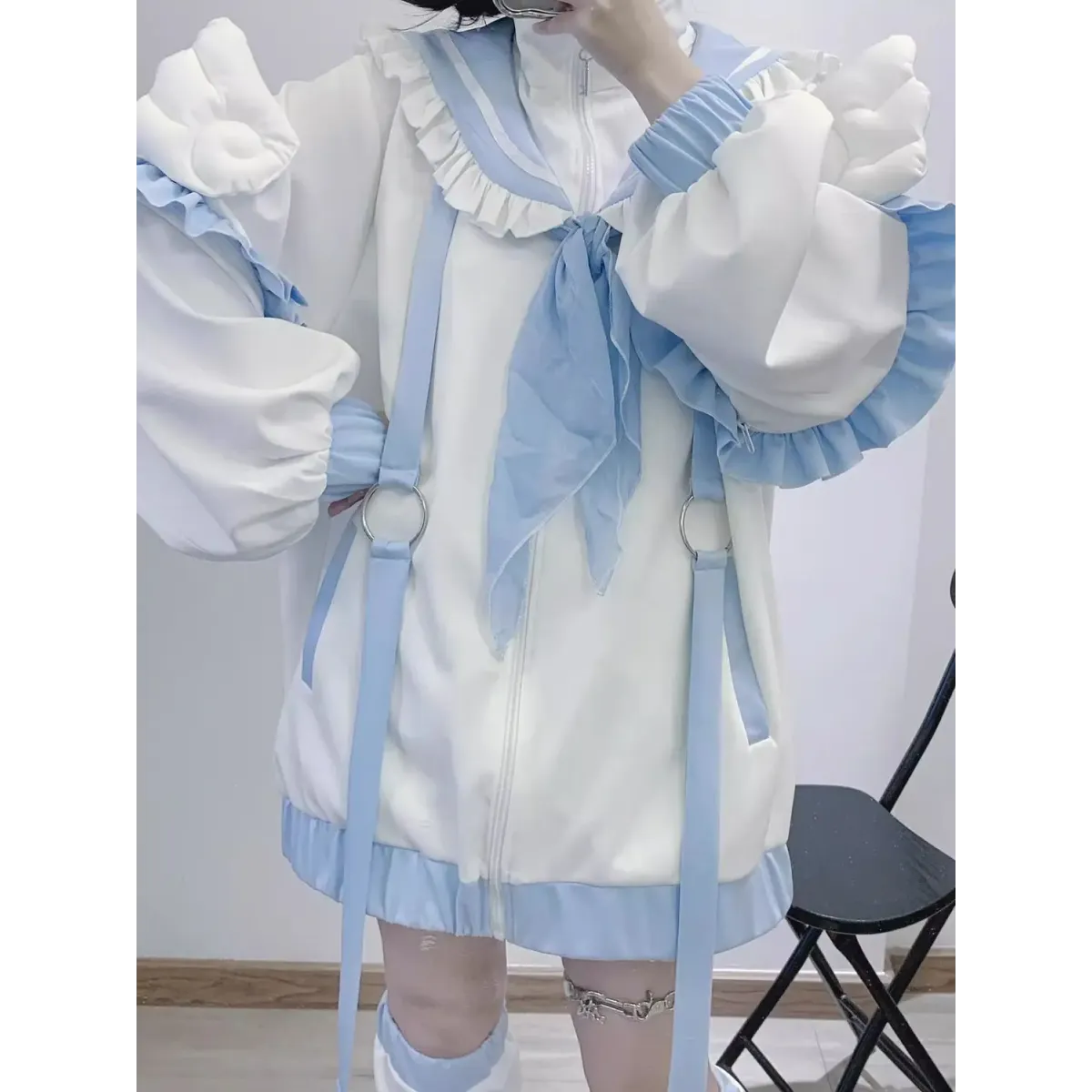 Conjunto de Sudadera con Capucha y Volantes de Marinero Kawaii