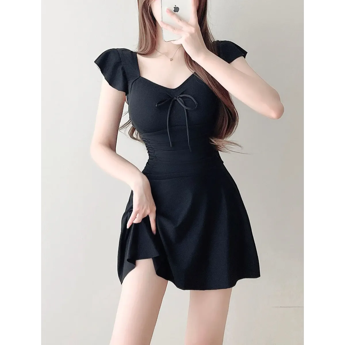 Traje de baño de una pieza con mangas con volantes malva – Estilo de minivestido con detalle de lazo