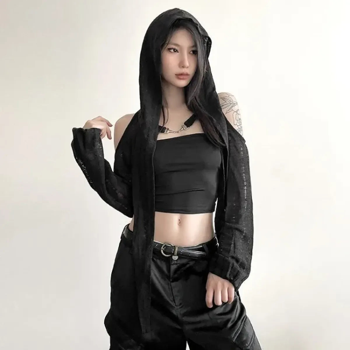 Y2K Grunge Black Hollow Out Hoodie β Slim Fit Long Sleeve Tee