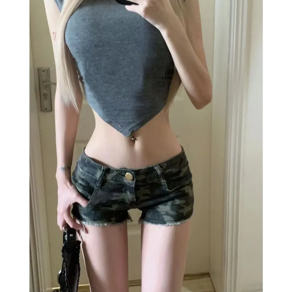 Pantalones cortos de mezclilla con estampado camuflaje Y2K Grunge – Vaqueros ajustados vintage de tiro bajo