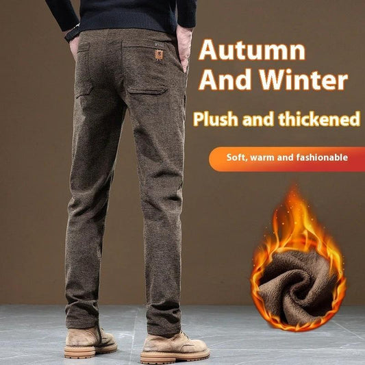 Pantalones casuales de negocios ajustados, rectos, con forro polar grueso para hombre