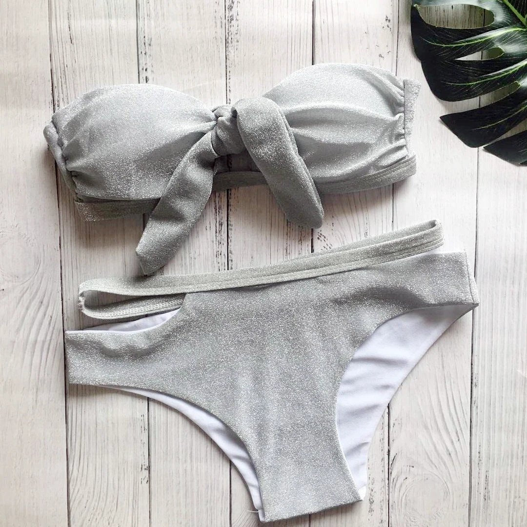 Traje de baño bikini sexy de punto con lentejuelas negras
