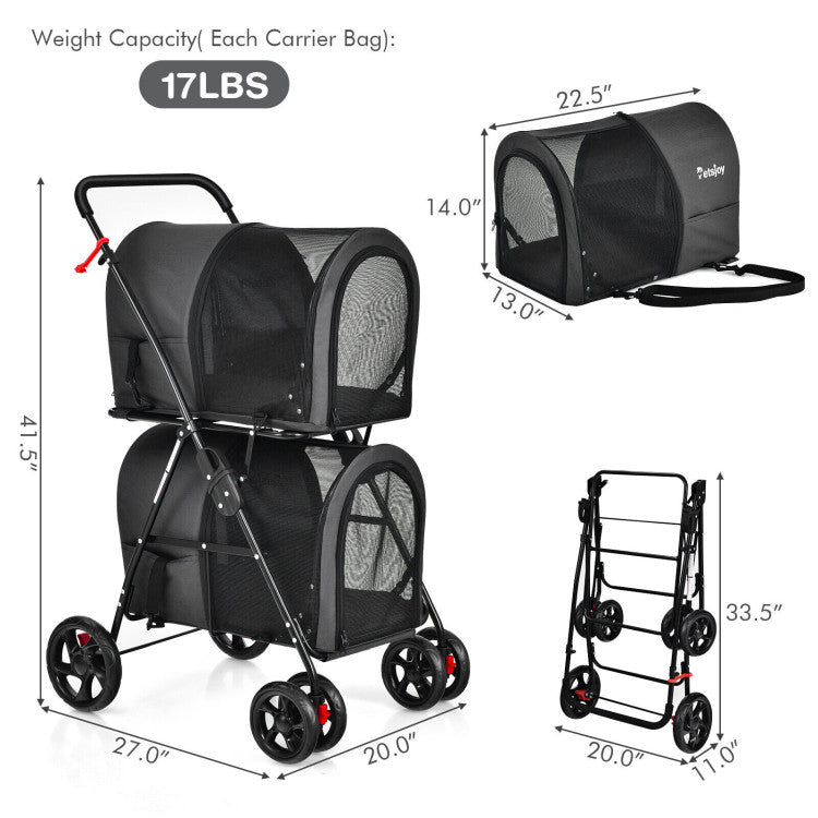 Cochecito doble para mascotas 4 en 1 con portabebés desmontable y carrito de viaje 