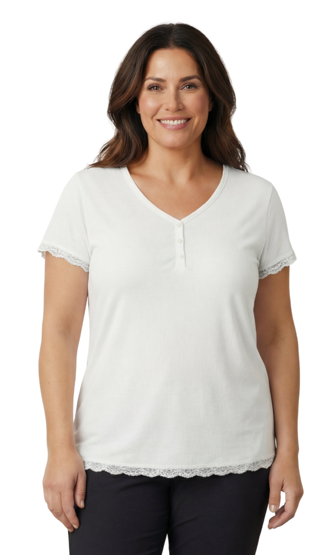 Women's Short Sleeve V-Neck Tee with 3-Button Henley Placket