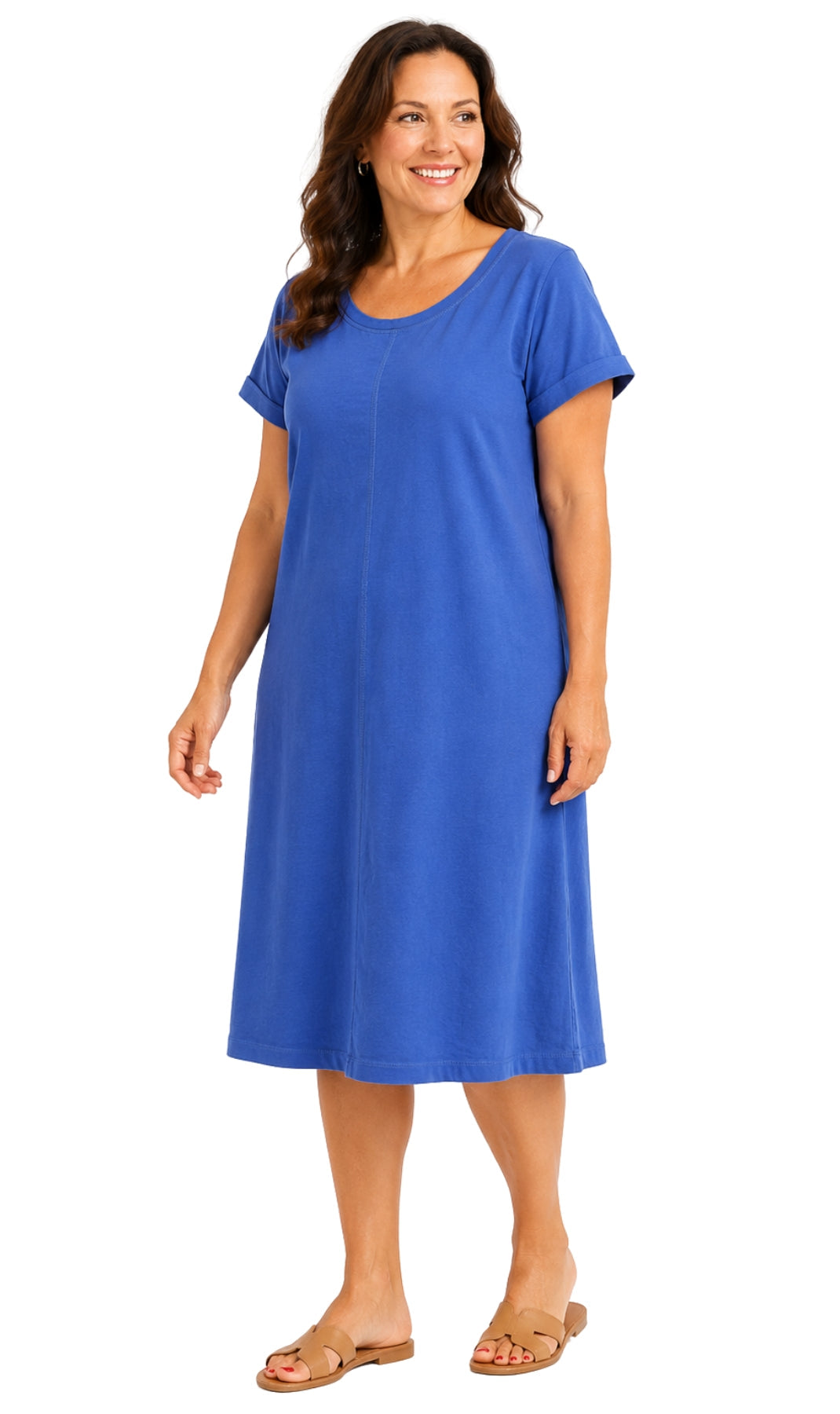 Women's Short Sleeve A-Line Knit Dress — Scoop Neck Asymmetrical Hem