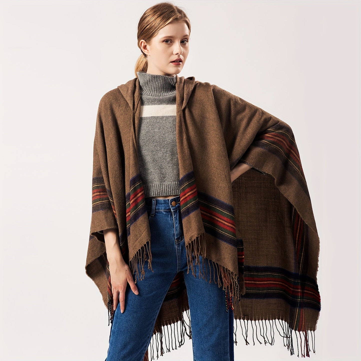 Cárdigan escocés extragrande con capucha - Chal de rayas de moda con borlas de lujo - Acogedor, resistente al viento y al frío para exteriores en otoño e invierno - Una manta de felpa tipo chal.