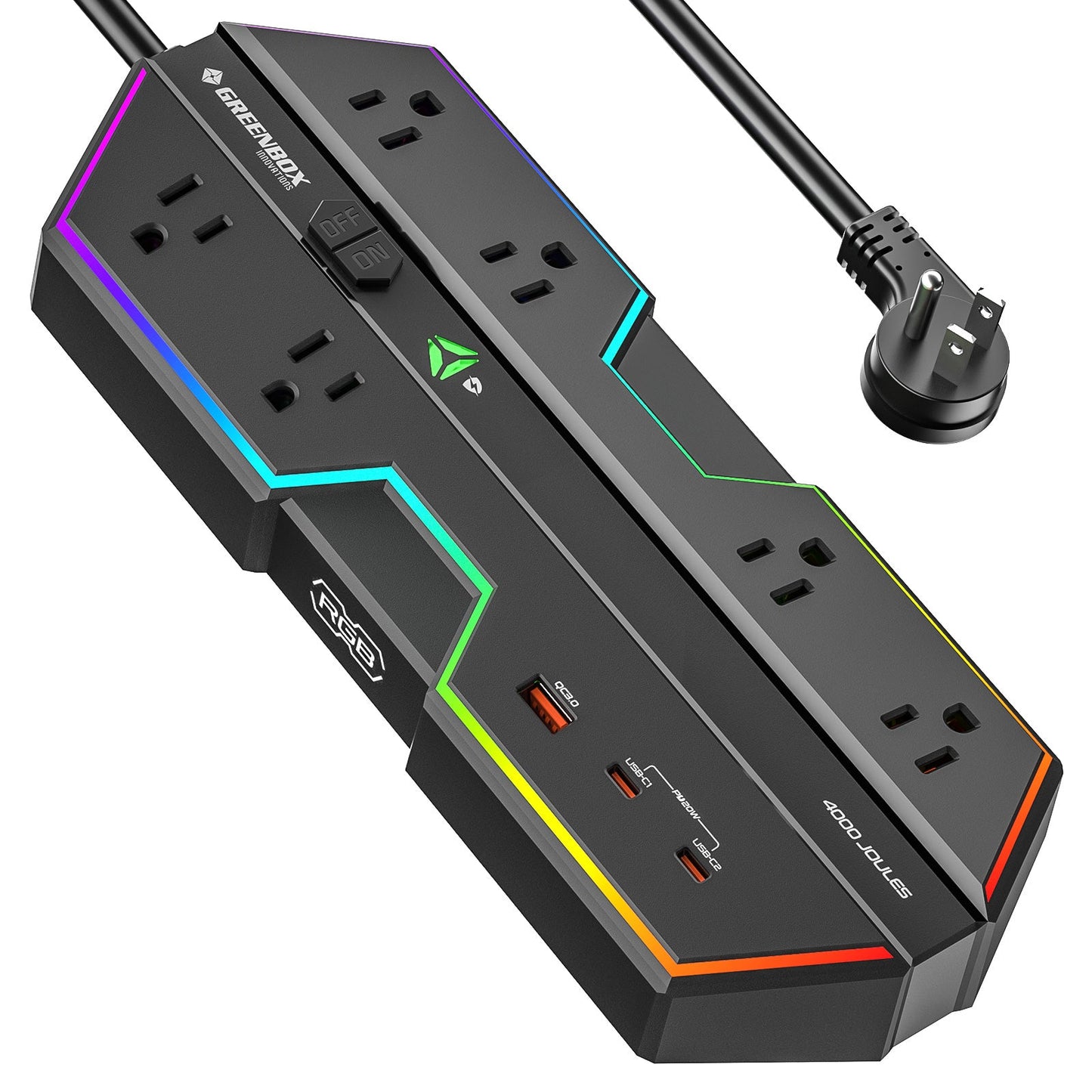 Regleta de alimentación gaming de 4000 J con protección contra sobretensiones - Carga rápida USB-C PD de 20 W, 6 tomas de corriente espaciadas, iluminación RGB, cable de 1,8 m