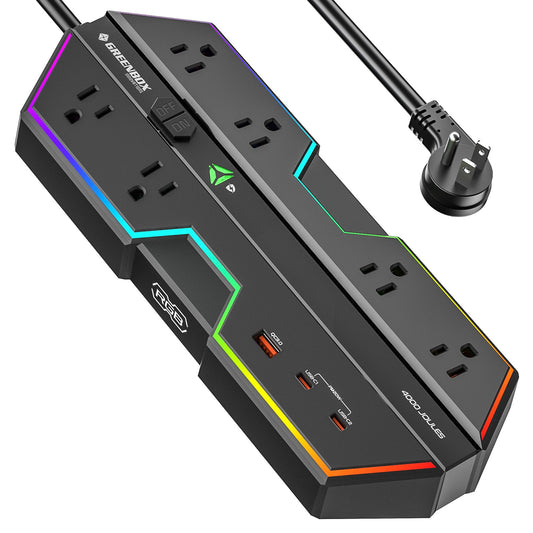 Regleta de alimentación gaming de 4000 J con protección contra sobretensiones - Carga rápida USB-C PD de 20 W, 6 tomas de corriente espaciadas, iluminación RGB, cable de 1,8 m