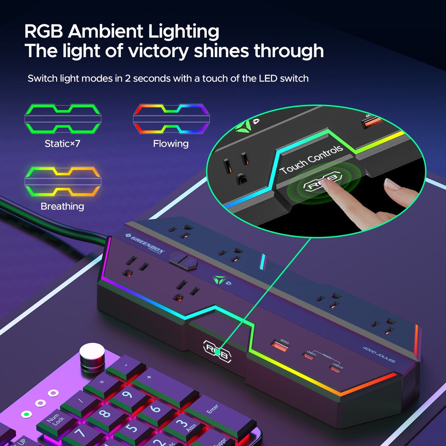 Regleta de alimentación gaming de 4000 J con protección contra sobretensiones - Carga rápida USB-C PD de 20 W, 6 tomas de corriente espaciadas, iluminación RGB, cable de 1,8 m