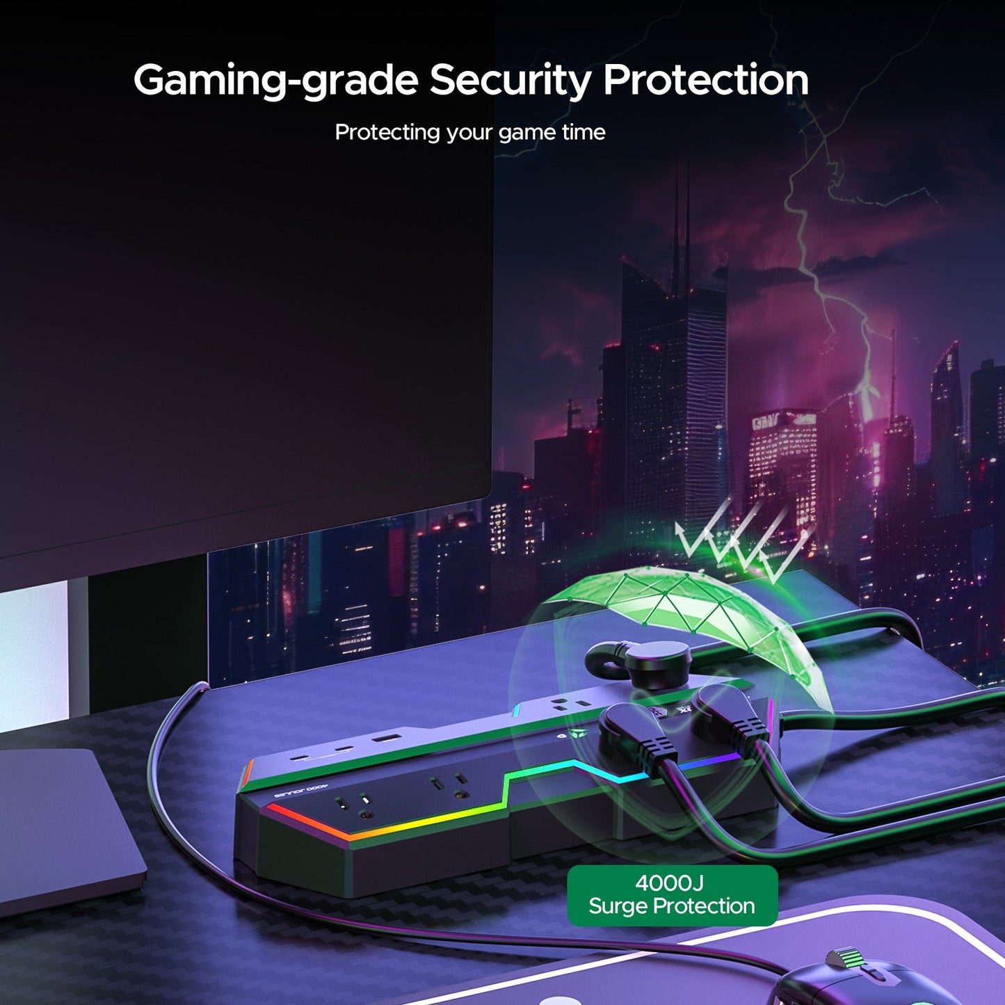 Regleta de alimentación gaming de 4000 J con protección contra sobretensiones - Carga rápida USB-C PD de 20 W, 6 tomas de corriente espaciadas, iluminación RGB, cable de 1,8 m