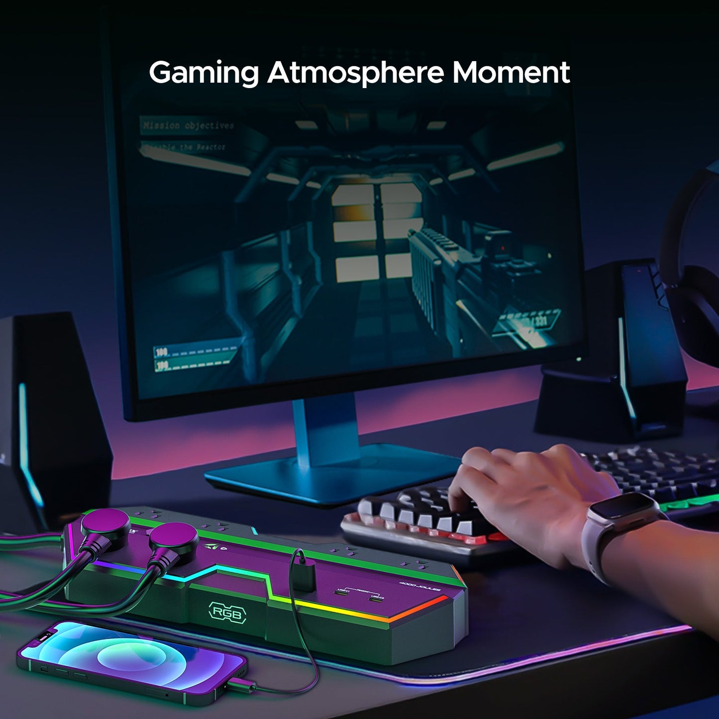Regleta de alimentación gaming de 4000 J con protección contra sobretensiones - Carga rápida USB-C PD de 20 W, 6 tomas de corriente espaciadas, iluminación RGB, cable de 1,8 m