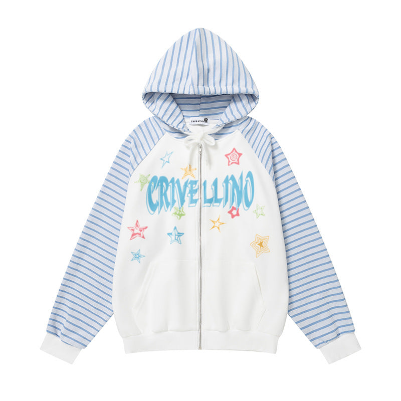 Sudadera con capucha Star Graffiti: Chaqueta tipo cárdigan versátil con patchwork de rayas azules y blancas