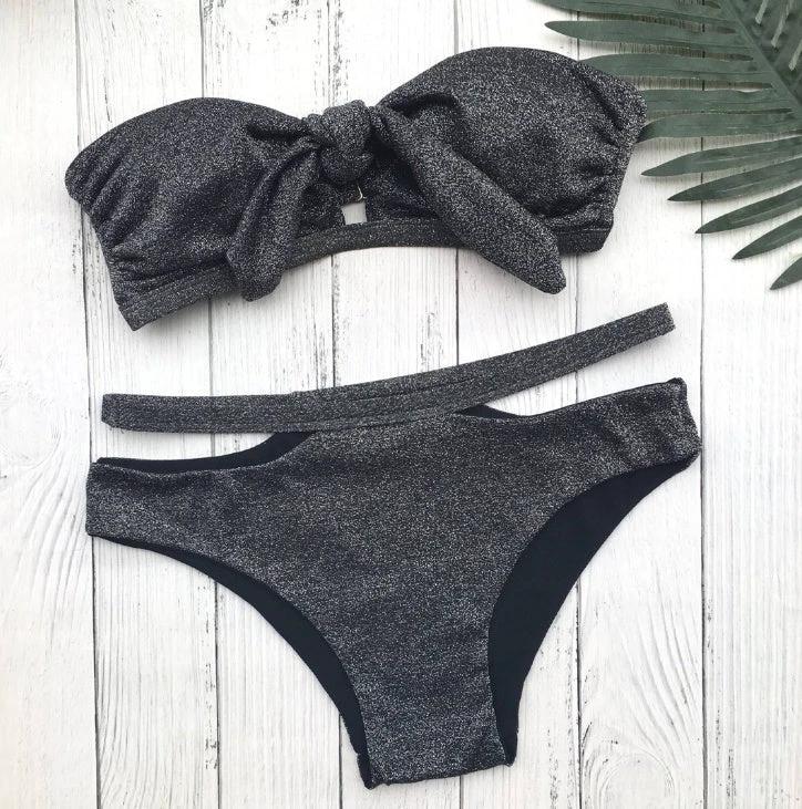Traje de baño bikini sexy de punto con lentejuelas negras