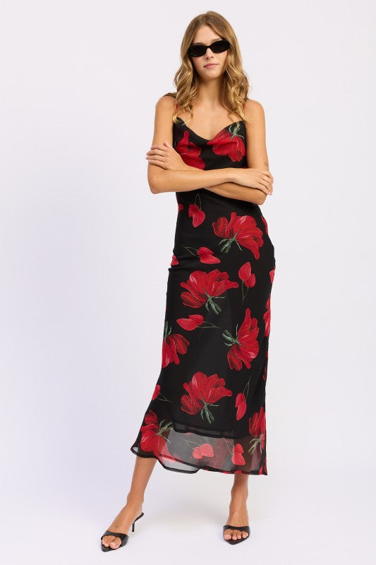 VESTIDO LARGO CON CUELLO DESBOCADO Y ESTAMPADO FLORAL