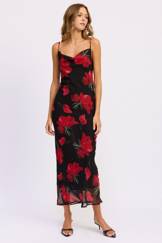 VESTIDO LARGO CON CUELLO DESBOCADO Y ESTAMPADO FLORAL