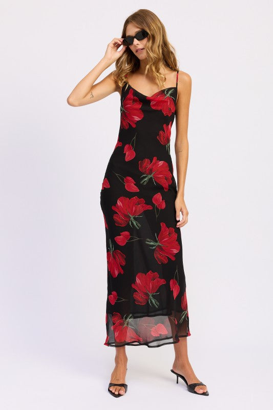 VESTIDO LARGO CON CUELLO DESBOCADO Y ESTAMPADO FLORAL