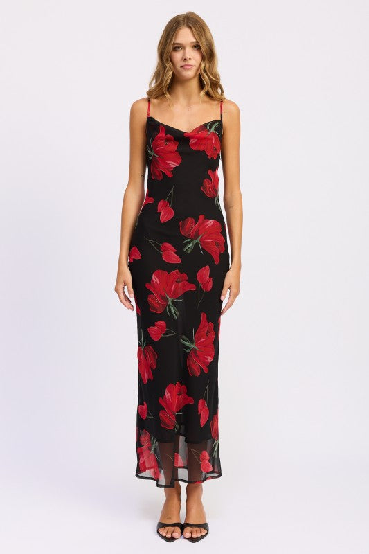 VESTIDO LARGO CON CUELLO DESBOCADO Y ESTAMPADO FLORAL