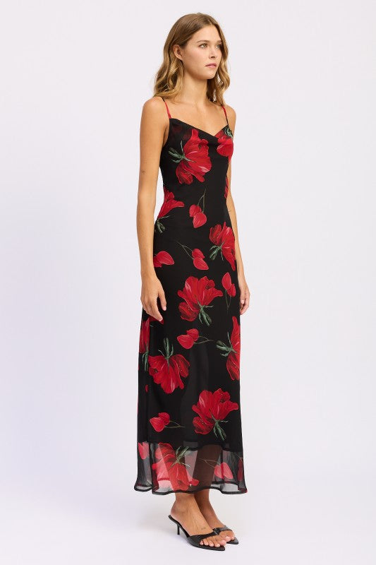 VESTIDO LARGO CON CUELLO DESBOCADO Y ESTAMPADO FLORAL