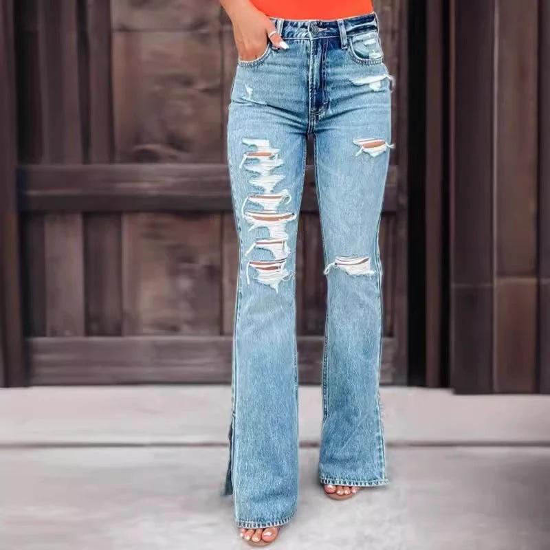 Pantalones vaqueros de mujer de cintura alta, rotos, ligeramente elásticos y divididos