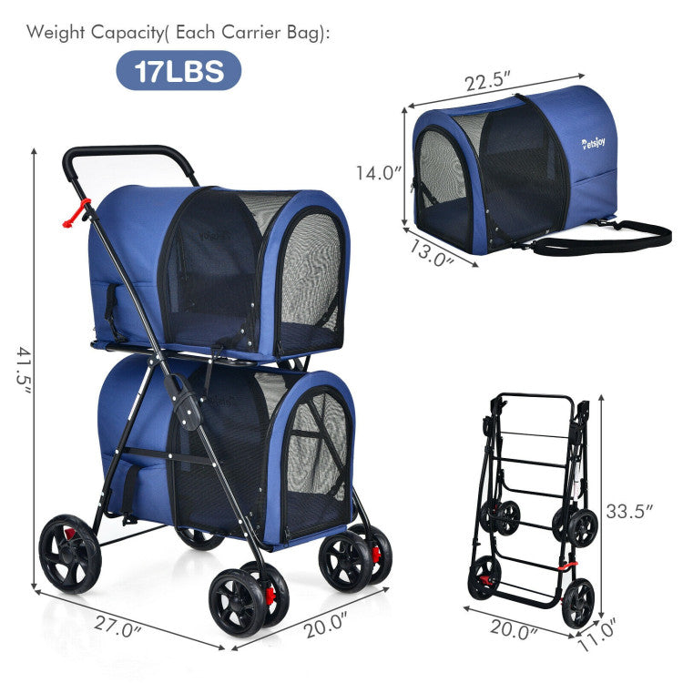 Cochecito doble para mascotas 4 en 1 con portabebés desmontable y carrito de viaje 