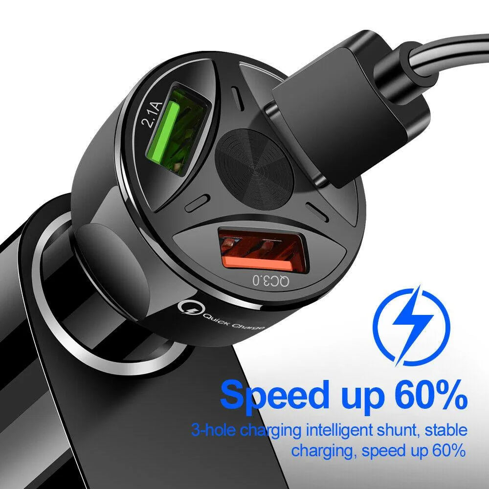3 Port Fast LED Car Charger + 3 in 1 Cable Combo Red