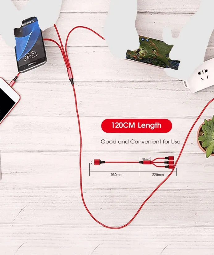 3 Port Fast LED White Car Charger + 3 in 1 Cable Combo Red