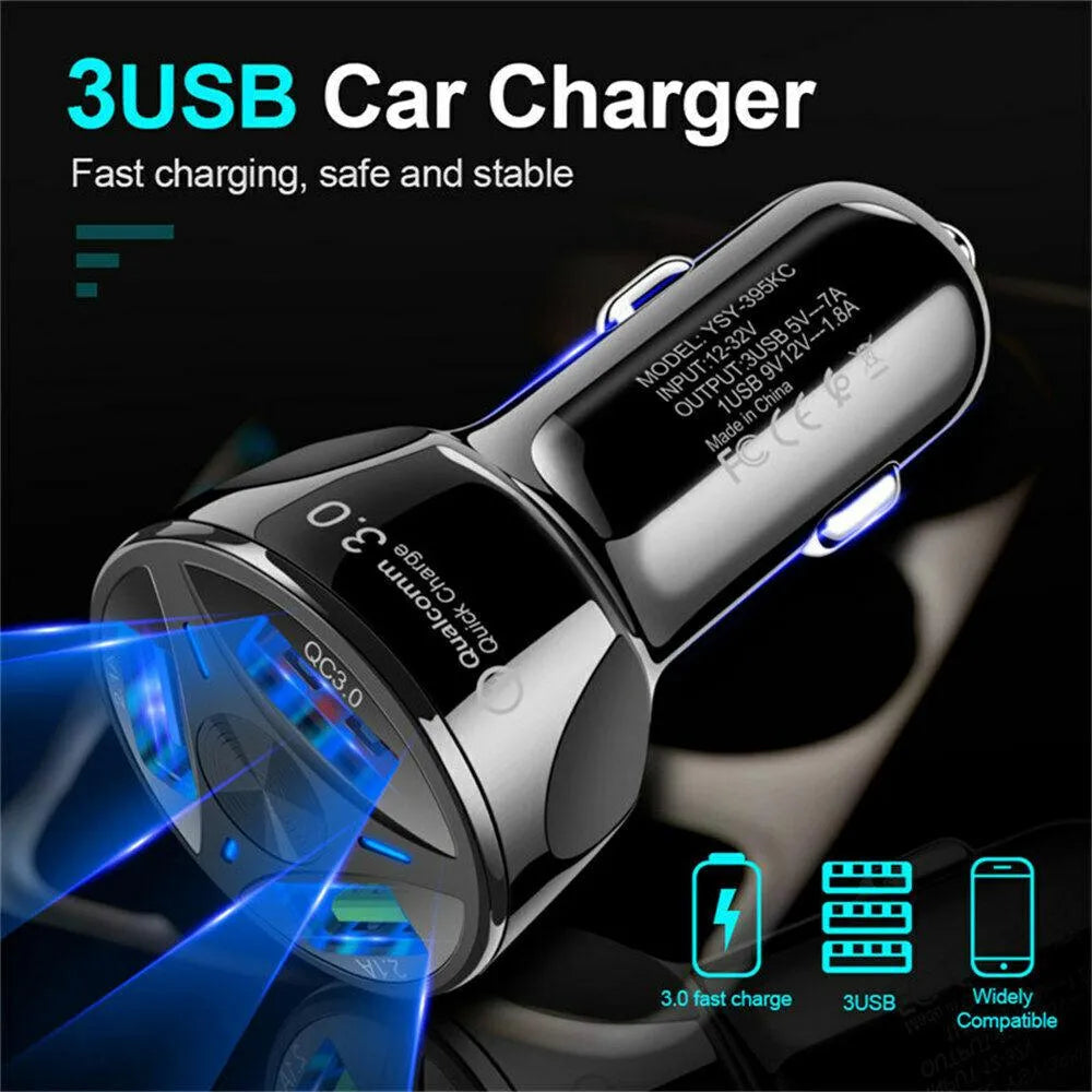 3 Port Fast LED White Car Charger + 3 in 1 Cable Combo Red