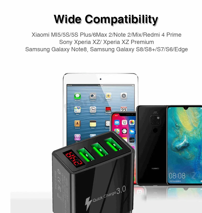 3 port LED Display Wall Charger  and 3 in 1 Cable Bundle Black