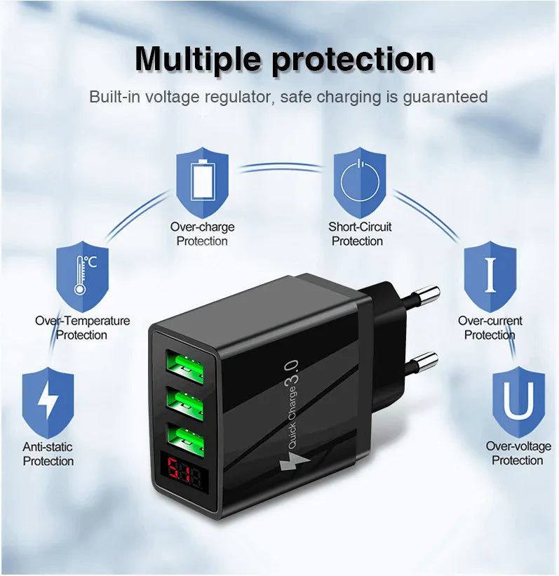 3 port LED Display Wall Charger  and 3 in 1 Cable Bundle Blue