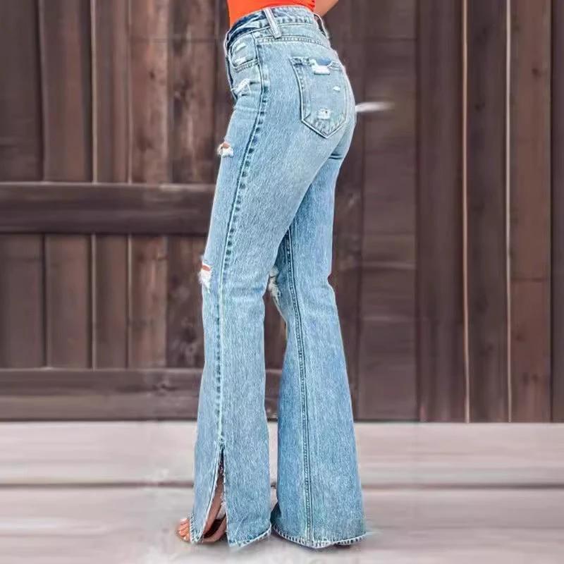 Pantalones vaqueros de mujer de cintura alta, rotos, ligeramente elásticos y divididos