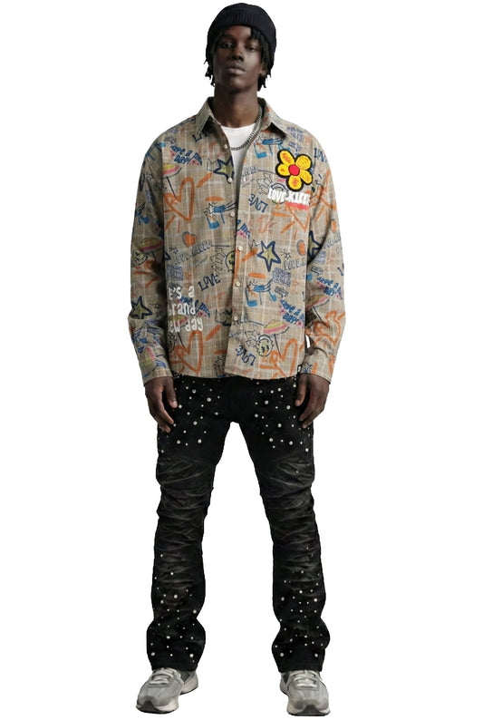 Camisa a cuadros de manga larga premium para hombre Velo LTK con botones y dibujo pop art a mano