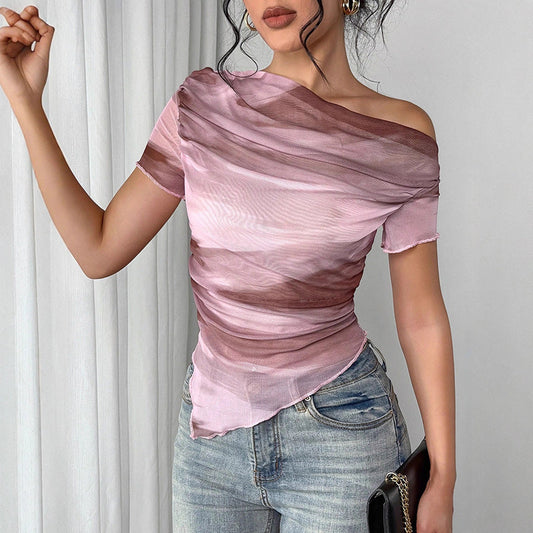 Top de malla fruncido con un solo hombro y efecto tie-dye para mujer: camiseta elástica asimétrica para salir
