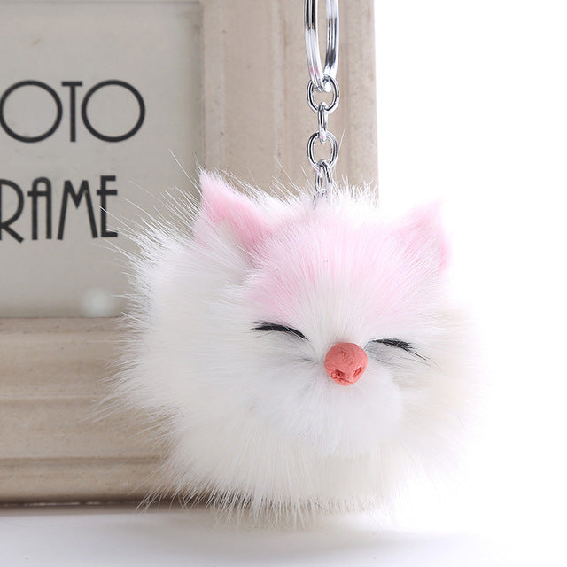 Cute Sleeping Smile Cat Pompom Keychain