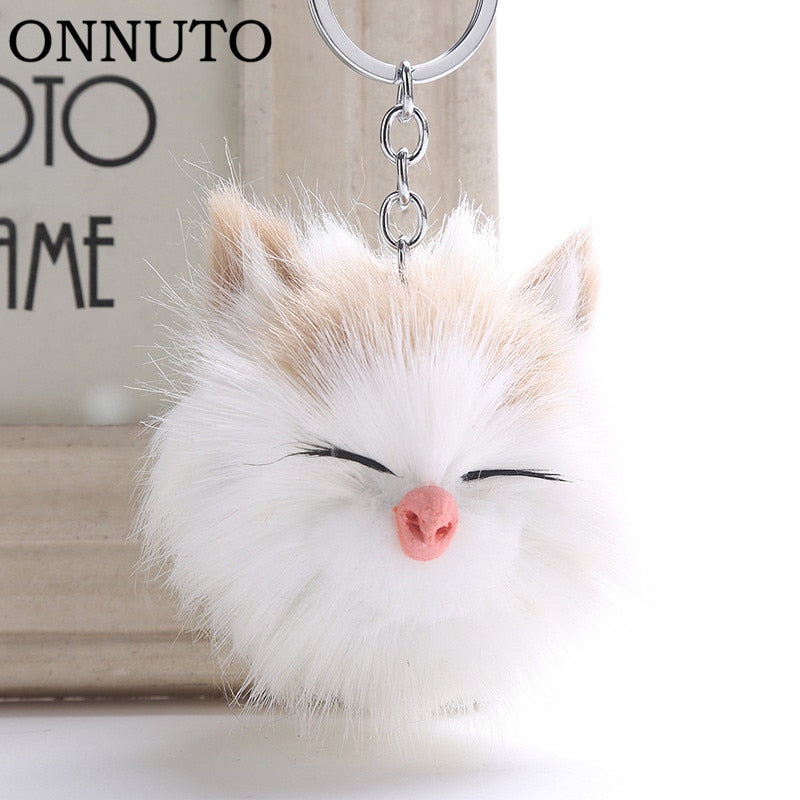 Cute Sleeping Smile Cat Pompom Keychain