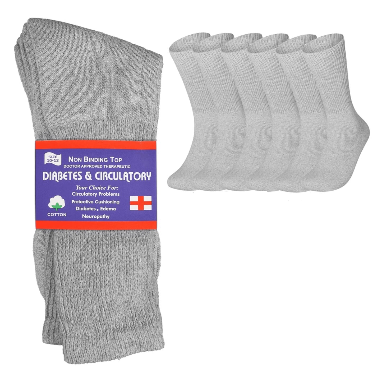 6 Pairs Physicians Approved Diabetic Crew Socks Unisex Black/Grey/White