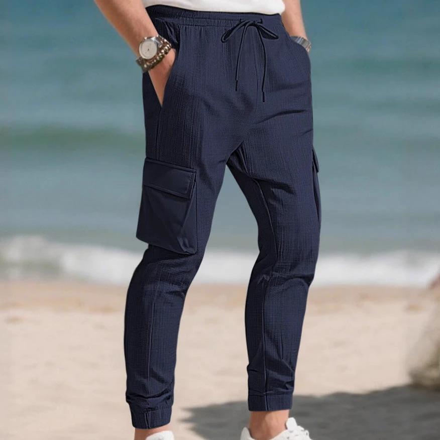 Pantalones deportivos casuales de moda con cordón y múltiples bolsillos para hombre