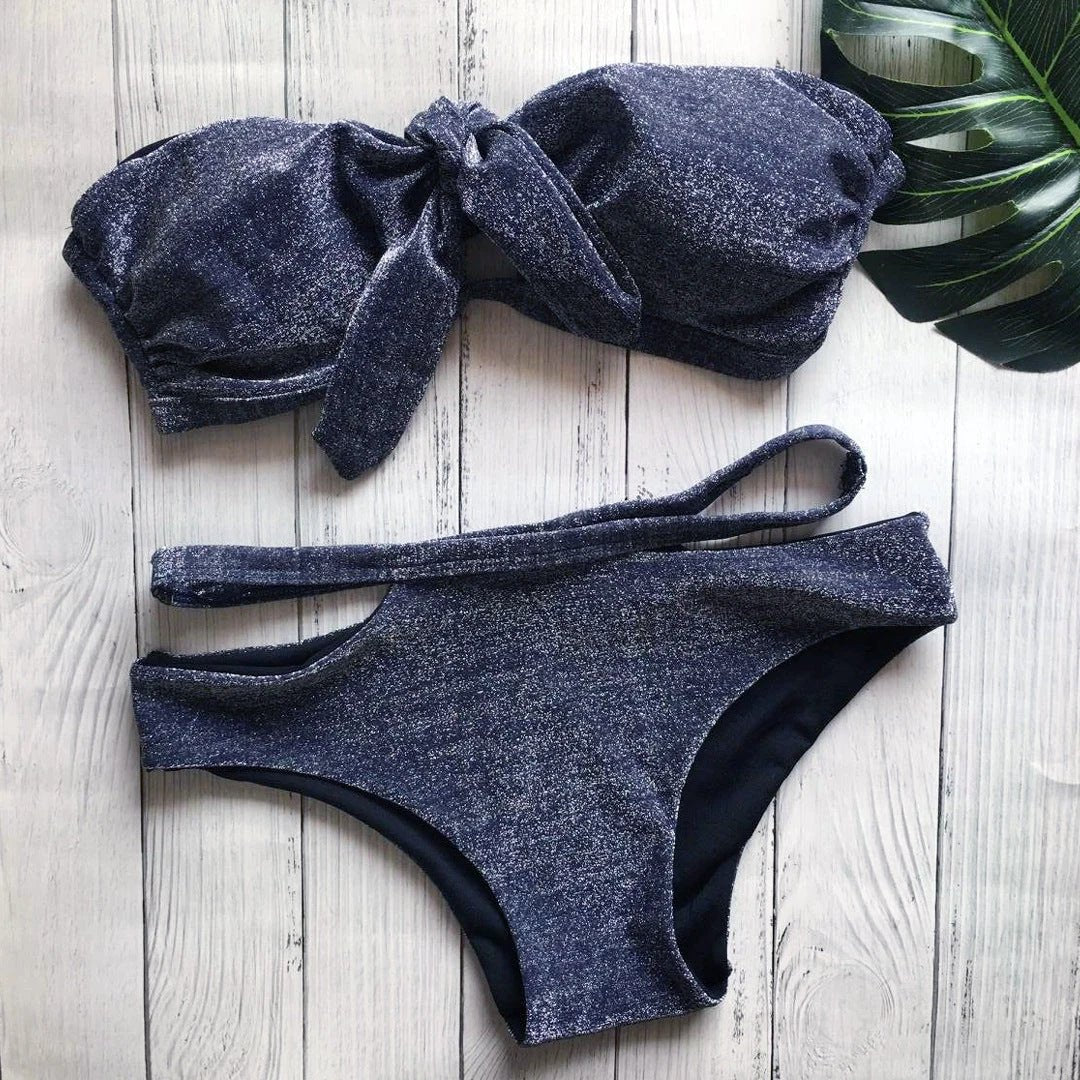 Traje de baño bikini sexy de punto con lentejuelas negras
