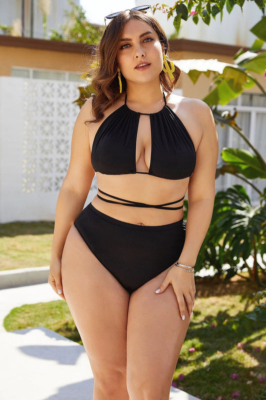 Nuevo bikini negro sexy de cintura alta que cubre el cuerpo y el vientre.
