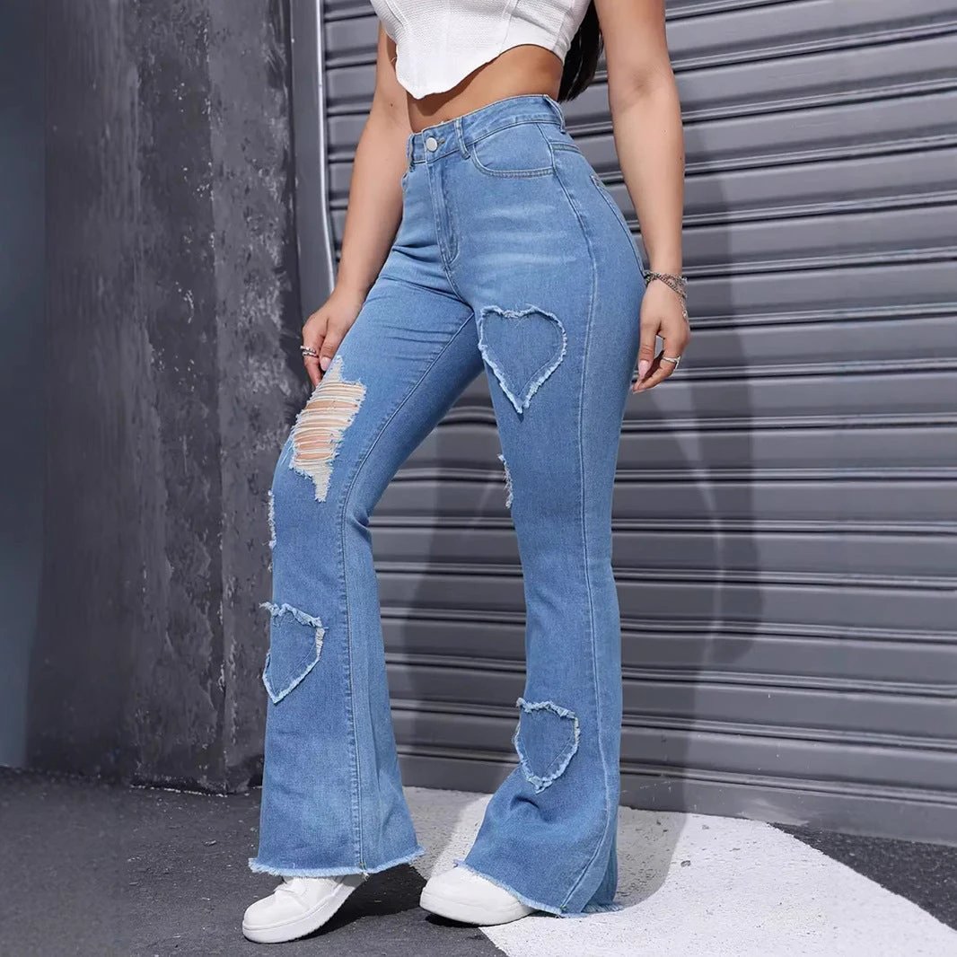 Washed Casual Heart-shaped Ripped Stretch Flared Jeans